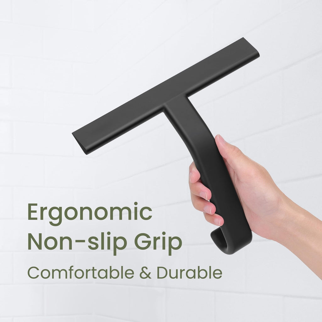 Shower Squeegee for Glass Doors, All-in-One Award-Winning Silicone Squeegee with Built-in Hook for Bathroom, Window, Mirror, Tile Wall, Car, Streak-Free Cleaner Tool, 10-Inch Black