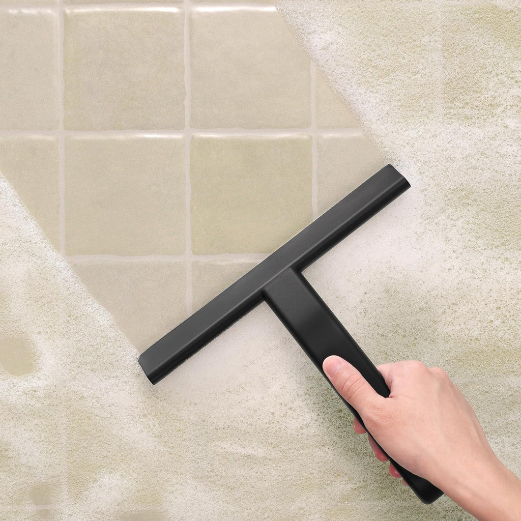 Shower Squeegee for Glass Doors, All-in-One Award-Winning Silicone Squeegee with Built-in Hook for Bathroom, Window, Mirror, Tile Wall, Car, Streak-Free Cleaner Tool, 10-Inch Black