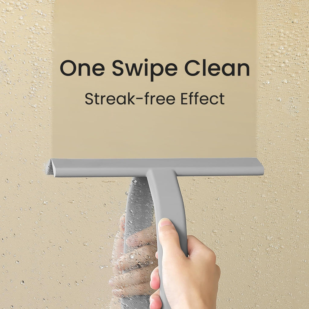 Shower Squeegee for Glass Doors, All-in-One Award-Winning Silicone Squeegee with Built-in Hook for Bathroom, Window, Mirror, Tile Wall, Car, Streak-Free Cleaner Tool, 10-Inch Black