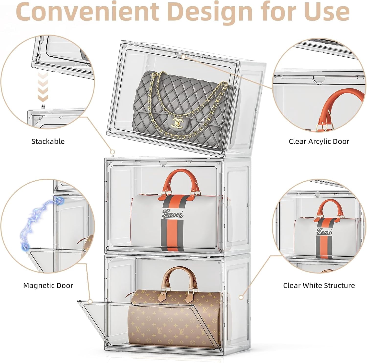 5 Pack Purse Organizer for Closet, Handbag Storage Organizer Stackable Display Case with Magnetic Door, Closet Storage Bins for Handbag, Purse, Backpack, Collectibles, White