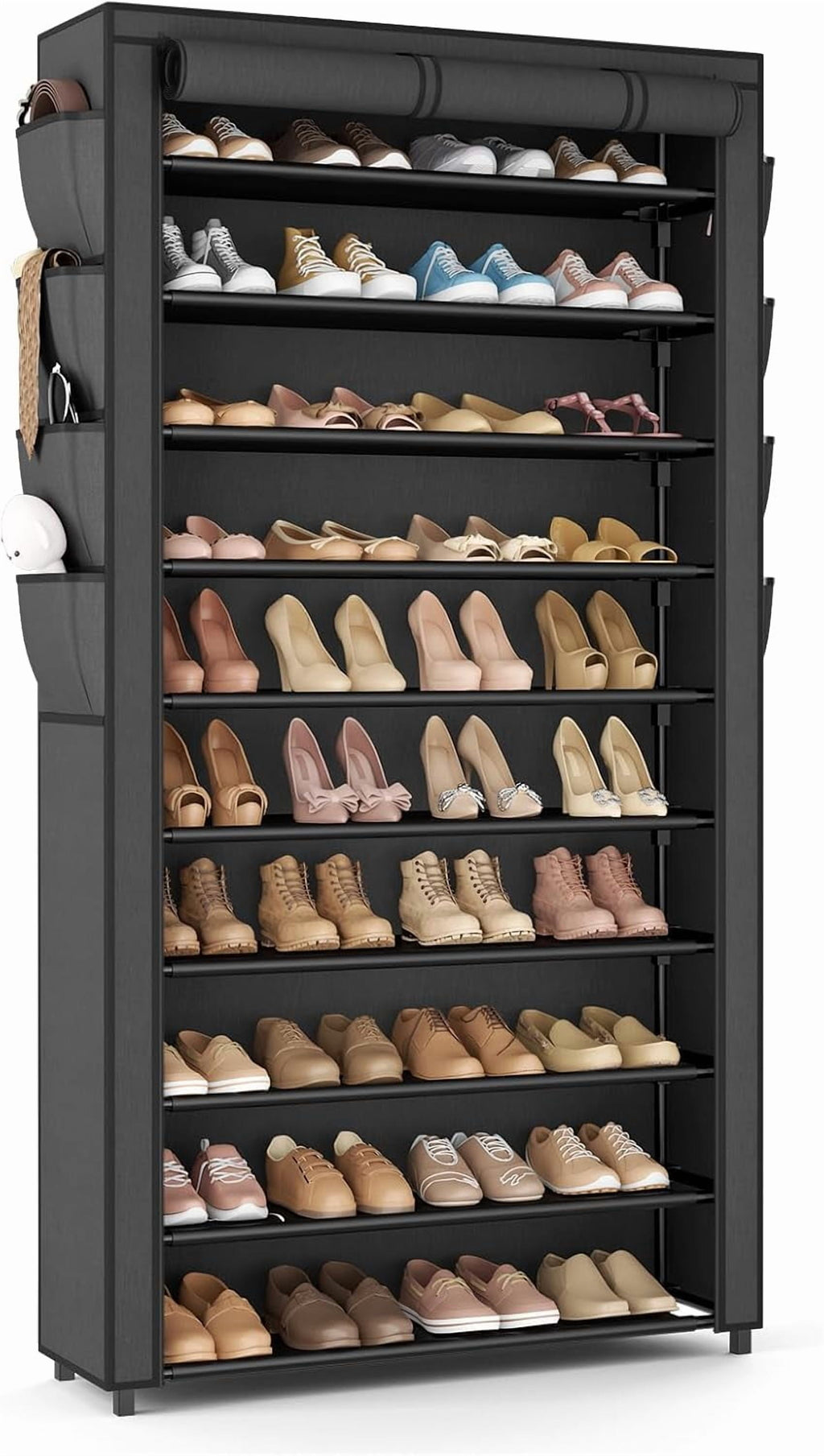 Tall Shoe Rack with Cover, 10 Tier Shoe Organizer Storage for 50-55 Pairs Shoes and Boots Large Capacity Shoe Shelf with 8 Pockets Free Standing Shoe Rack for Closet, Entryway, Garage