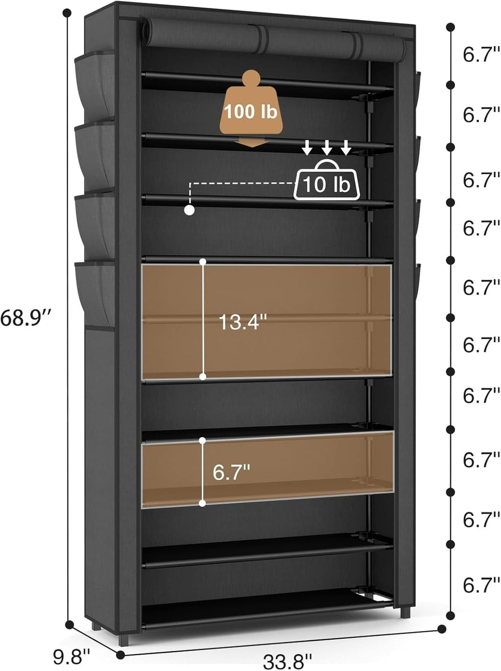 Tall Shoe Rack with Cover, 10 Tier Shoe Organizer Storage for 50-55 Pairs Shoes and Boots Large Capacity Shoe Shelf with 8 Pockets Free Standing Shoe Rack for Closet, Entryway, Garage