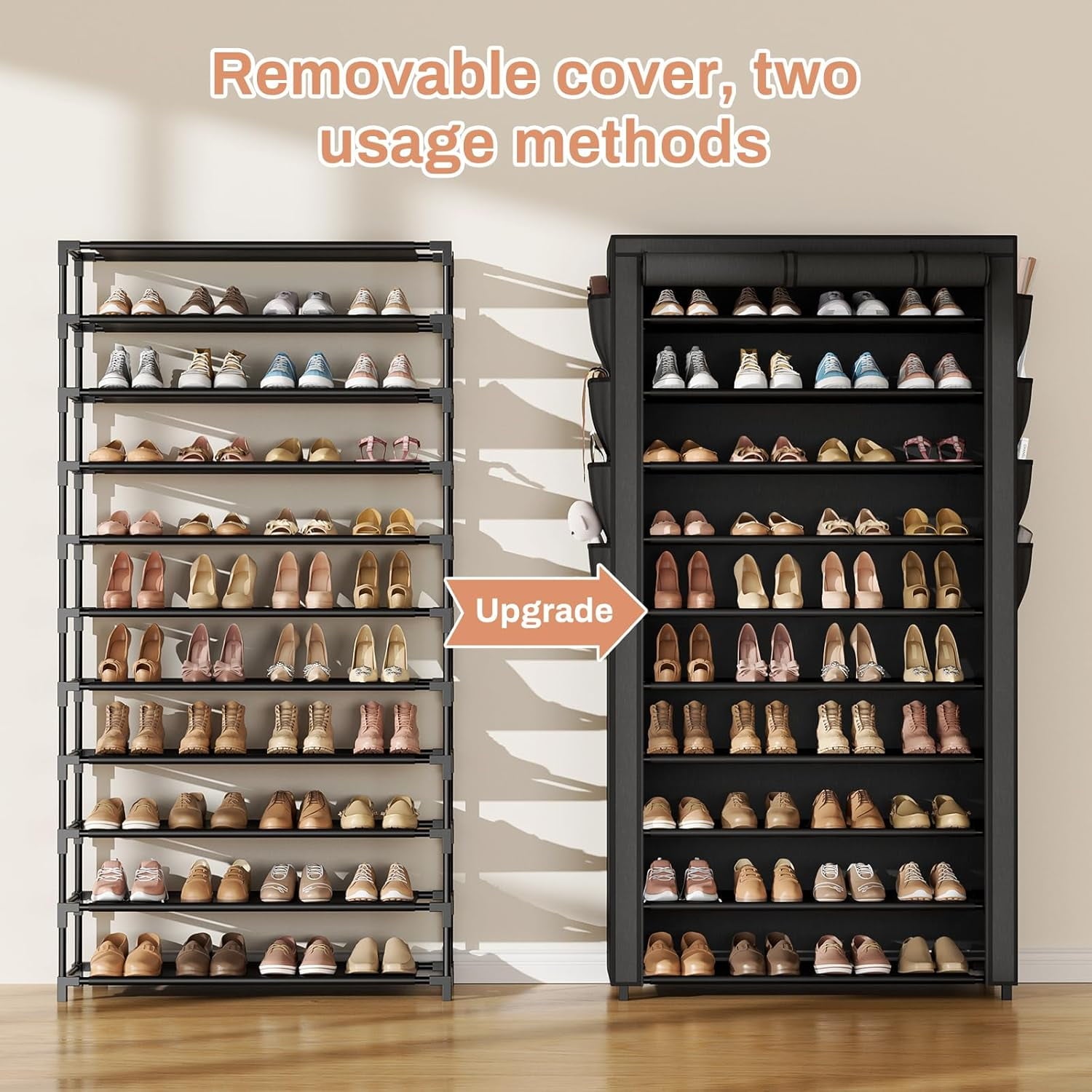 Tall Shoe Rack with Cover, 10 Tier Shoe Organizer Storage for 50-55 Pairs Shoes and Boots Large Capacity Shoe Shelf with 8 Pockets Free Standing Shoe Rack for Closet, Entryway, Garage