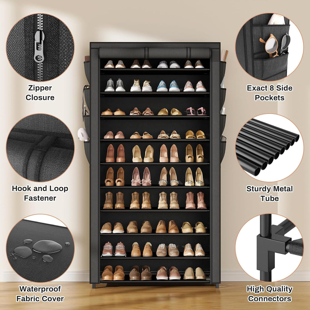 Tall Shoe Rack with Cover, 10 Tier Shoe Organizer Storage for 50-55 Pairs Shoes and Boots Large Capacity Shoe Shelf with 8 Pockets Free Standing Shoe Rack for Closet, Entryway, Garage