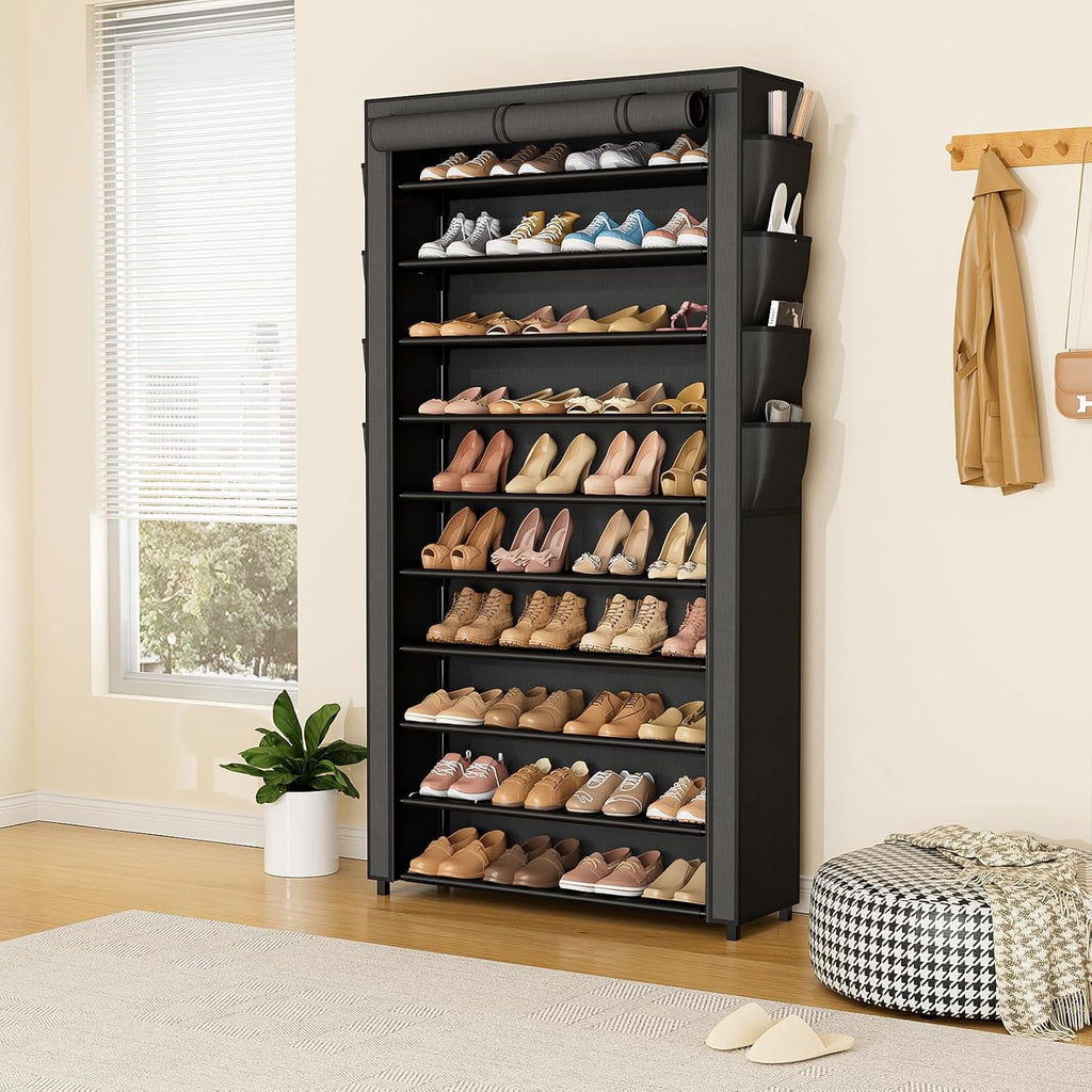 Tall Shoe Rack with Cover, 10 Tier Shoe Organizer Storage for 50-55 Pairs Shoes and Boots Large Capacity Shoe Shelf with 8 Pockets Free Standing Shoe Rack for Closet, Entryway, Garage