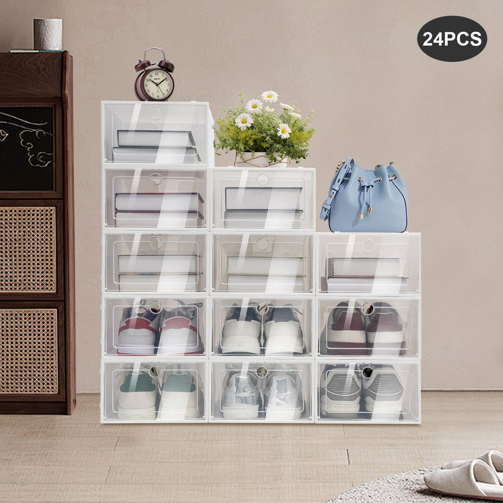24 PCS White Plastic Stackable Shoe Storage Organizer Clear Storage Box Display Case Box, Applicable Shoe's Length Size: 31cm/12.2inch