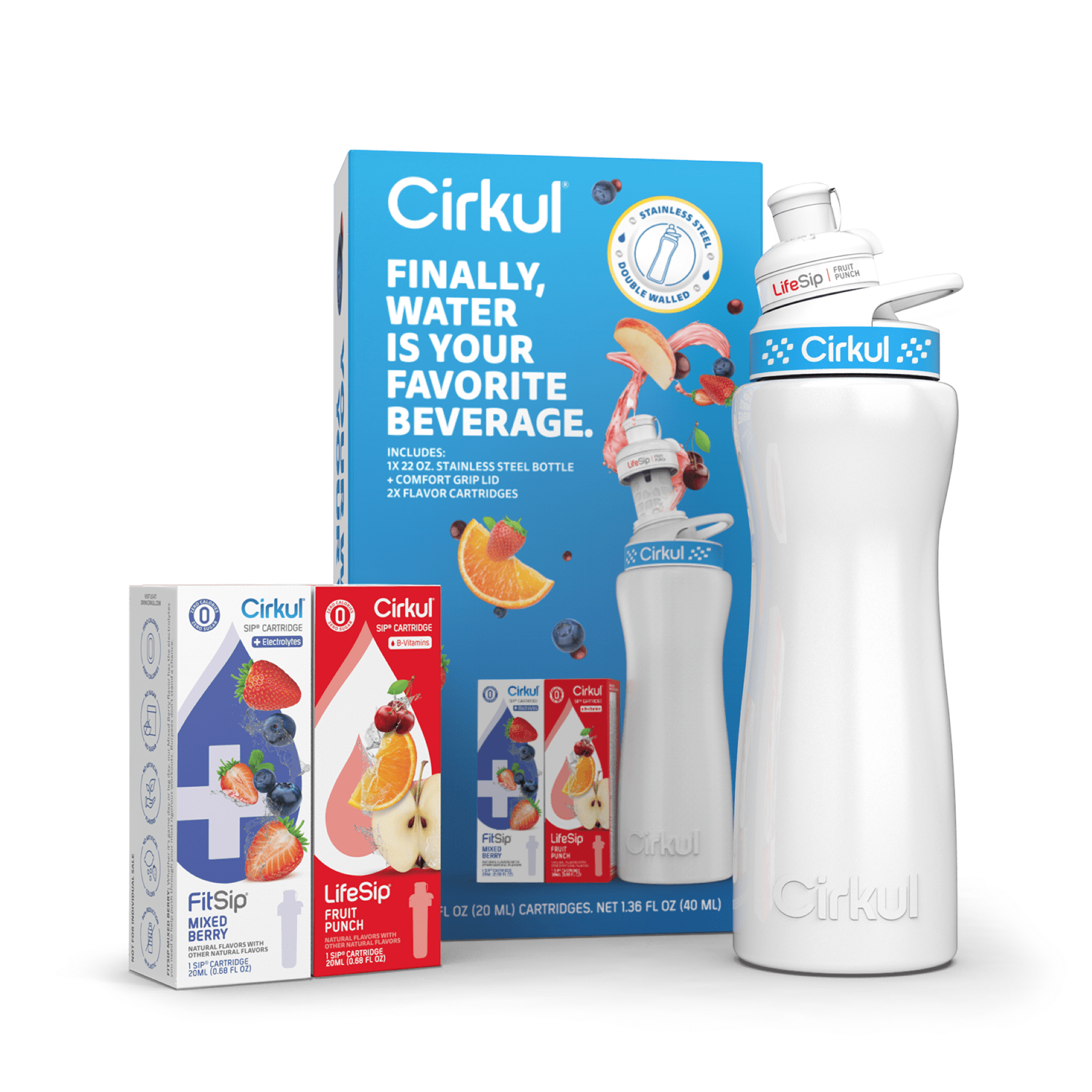 22 oz White Stainless Steel Bottle Starter Kit with Blue Lid and 2 Flavor Cartridges (Fruit Punch &amp; Mixed Berry)