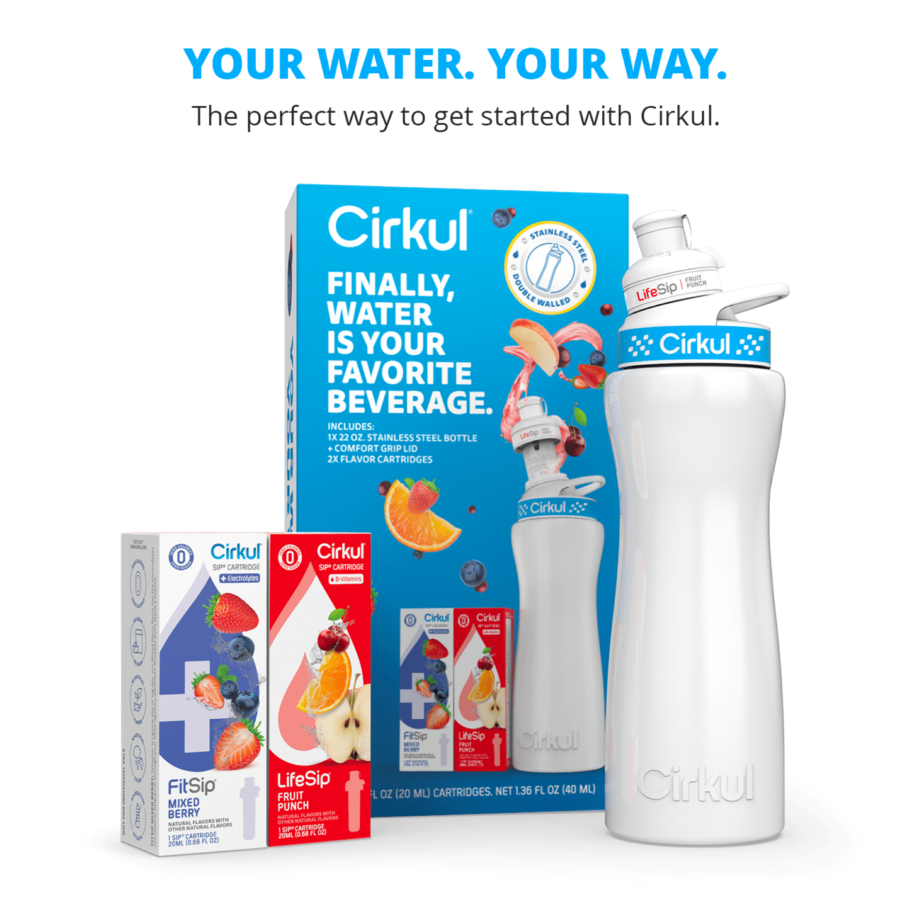 22 oz White Stainless Steel Bottle Starter Kit with Blue Lid and 2 Flavor Cartridges (Fruit Punch &amp; Mixed Berry)