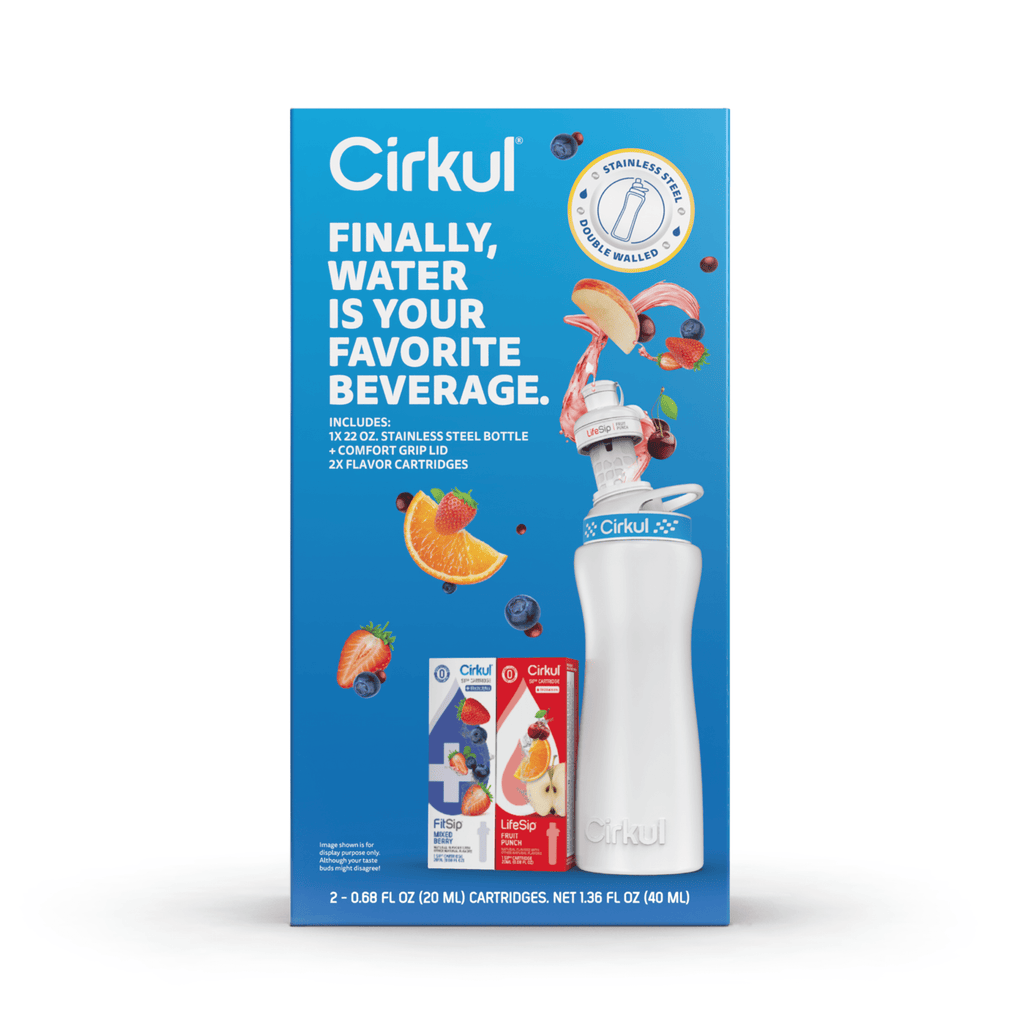 22 oz White Stainless Steel Bottle Starter Kit with Blue Lid and 2 Flavor Cartridges (Fruit Punch &amp; Mixed Berry)