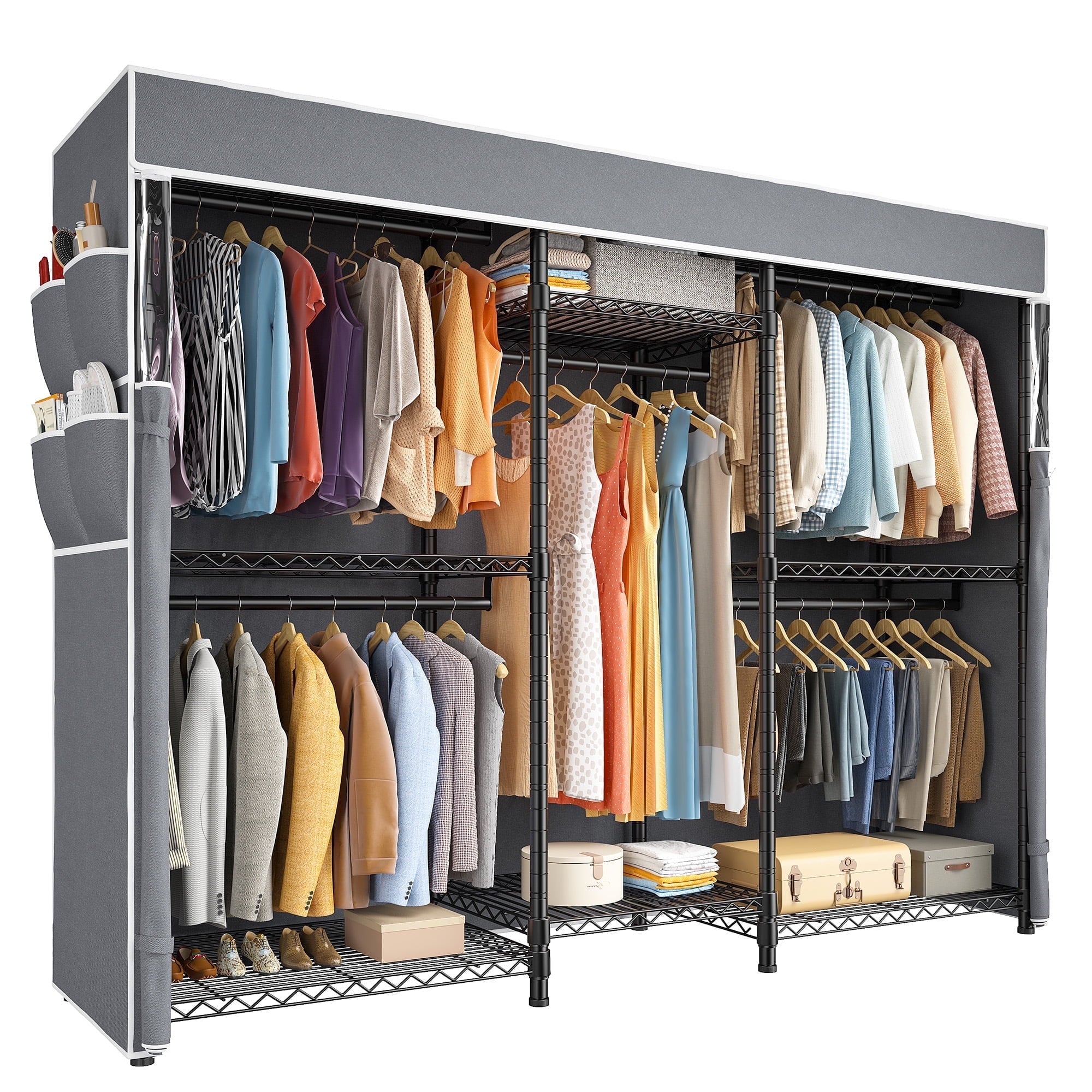 Heavy Duty Clothes Rack with Cover Loads 900LBS, Clothing Racks for Hanging Clothes, Freestanding&amp; Adjustable Closet with Cover, Black, 74.9" Wx17.8 Dx76.9 H
