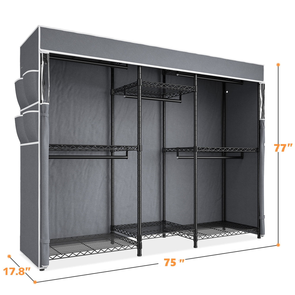 Heavy Duty Clothes Rack with Cover Loads 900LBS, Clothing Racks for Hanging Clothes, Freestanding&amp; Adjustable Closet with Cover, Black, 74.9" Wx17.8 Dx76.9 H