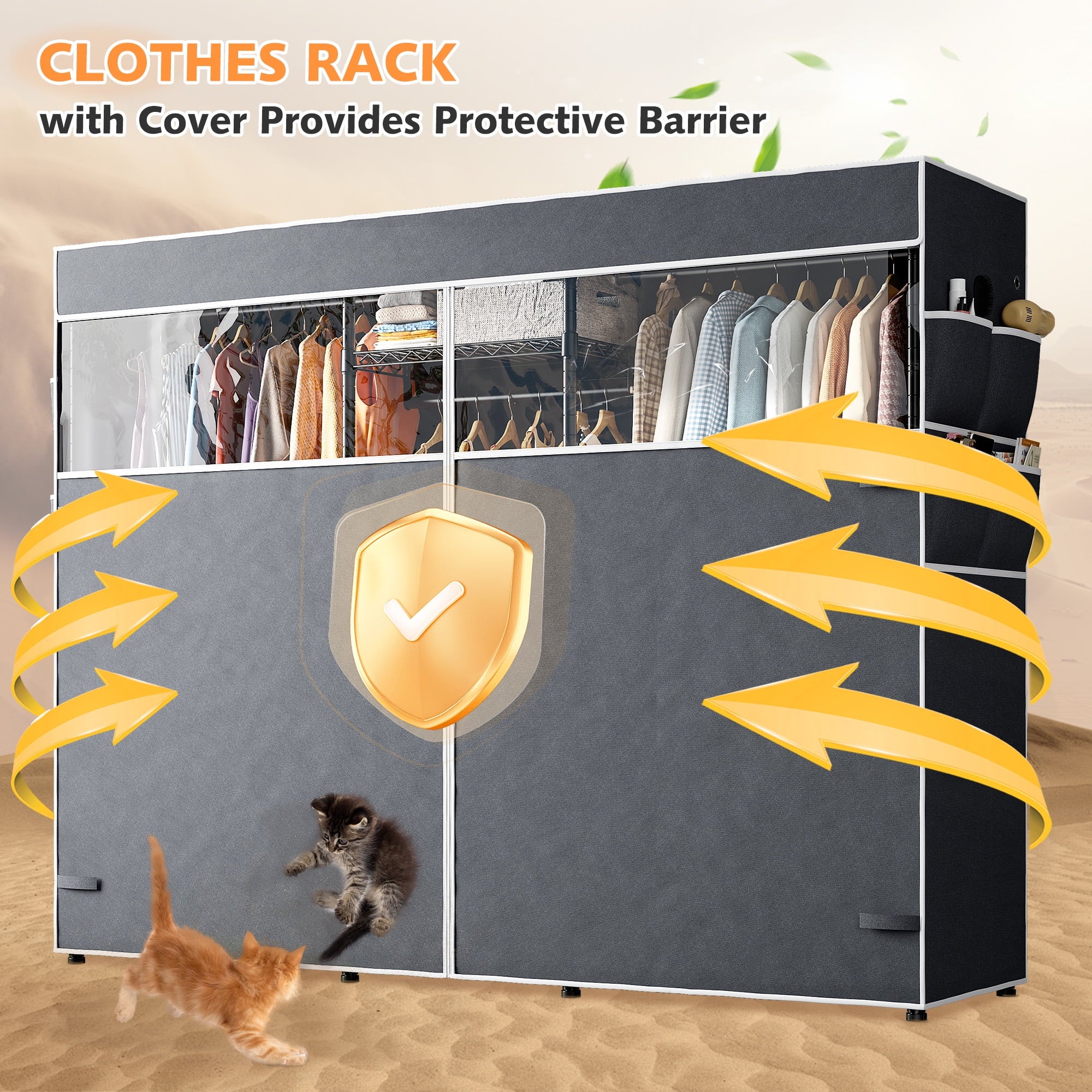 Heavy Duty Clothes Rack with Cover Loads 900LBS, Clothing Racks for Hanging Clothes, Freestanding&amp; Adjustable Closet with Cover, Black, 74.9" Wx17.8 Dx76.9 H