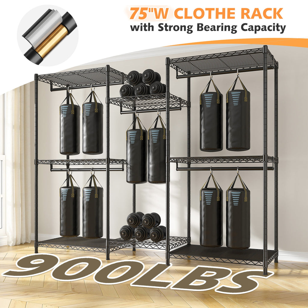 Heavy Duty Clothes Rack with Cover Loads 900LBS, Clothing Racks for Hanging Clothes, Freestanding&amp; Adjustable Closet with Cover, Black, 74.9" Wx17.8 Dx76.9 H