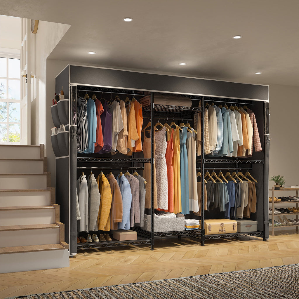 Heavy Duty Clothes Rack with Cover Loads 900LBS, Clothing Racks for Hanging Clothes, Freestanding&amp; Adjustable Closet with Cover, Black, 74.9" Wx17.8 Dx76.9 H