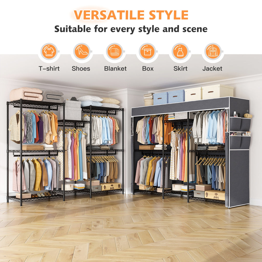 Heavy Duty Clothes Rack with Cover Loads 900LBS, Clothing Racks for Hanging Clothes, Freestanding&amp; Adjustable Closet with Cover, Black, 74.9" Wx17.8 Dx76.9 H