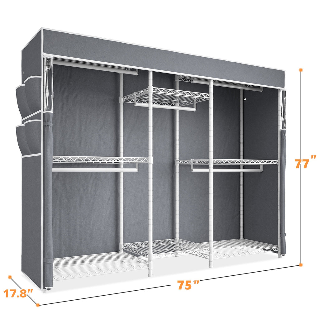 Heavy Duty Clothes Rack with Cover Loads 900LBS, Clothing Racks for Hanging Clothes, Freestanding&amp; Adjustable Closet with Cover, Black, 74.9" Wx17.8 Dx76.9 H