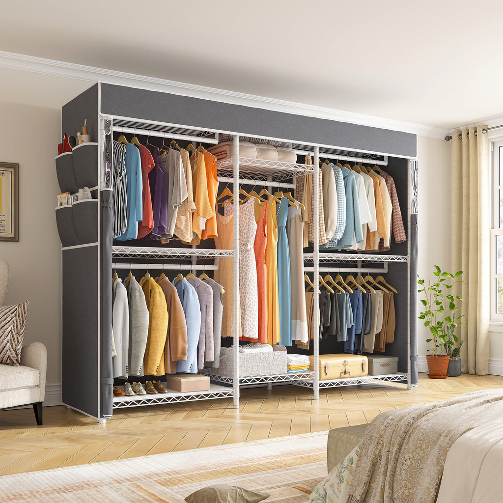 Heavy Duty Clothes Rack with Cover Loads 900LBS, Clothing Racks for Hanging Clothes, Freestanding&amp; Adjustable Closet with Cover, Black, 74.9" Wx17.8 Dx76.9 H