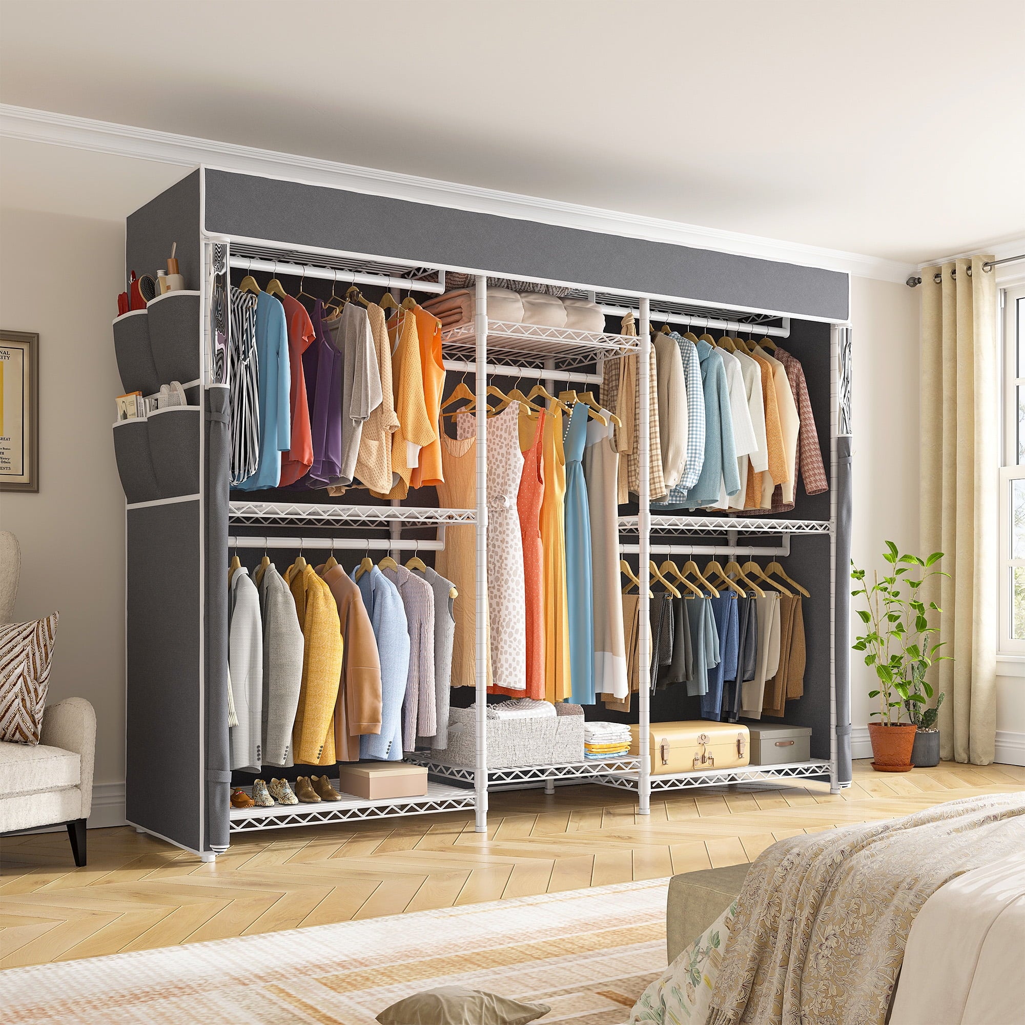 Heavy Duty Clothes Rack with Cover Loads 900LBS, Clothing Racks for Hanging Clothes, Freestanding&amp; Adjustable Closet with Cover, Black, 74.9" Wx17.8 Dx76.9 H