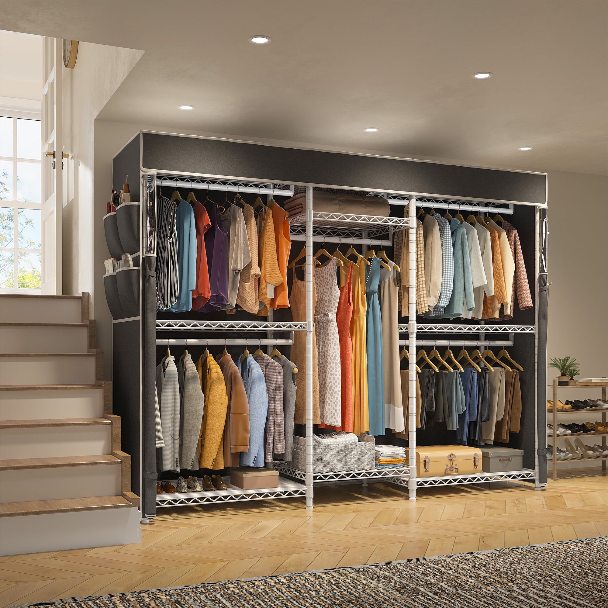 Heavy Duty Clothes Rack with Cover Loads 900LBS, Clothing Racks for Hanging Clothes, Freestanding&amp; Adjustable Closet with Cover, Black, 74.9" Wx17.8 Dx76.9 H