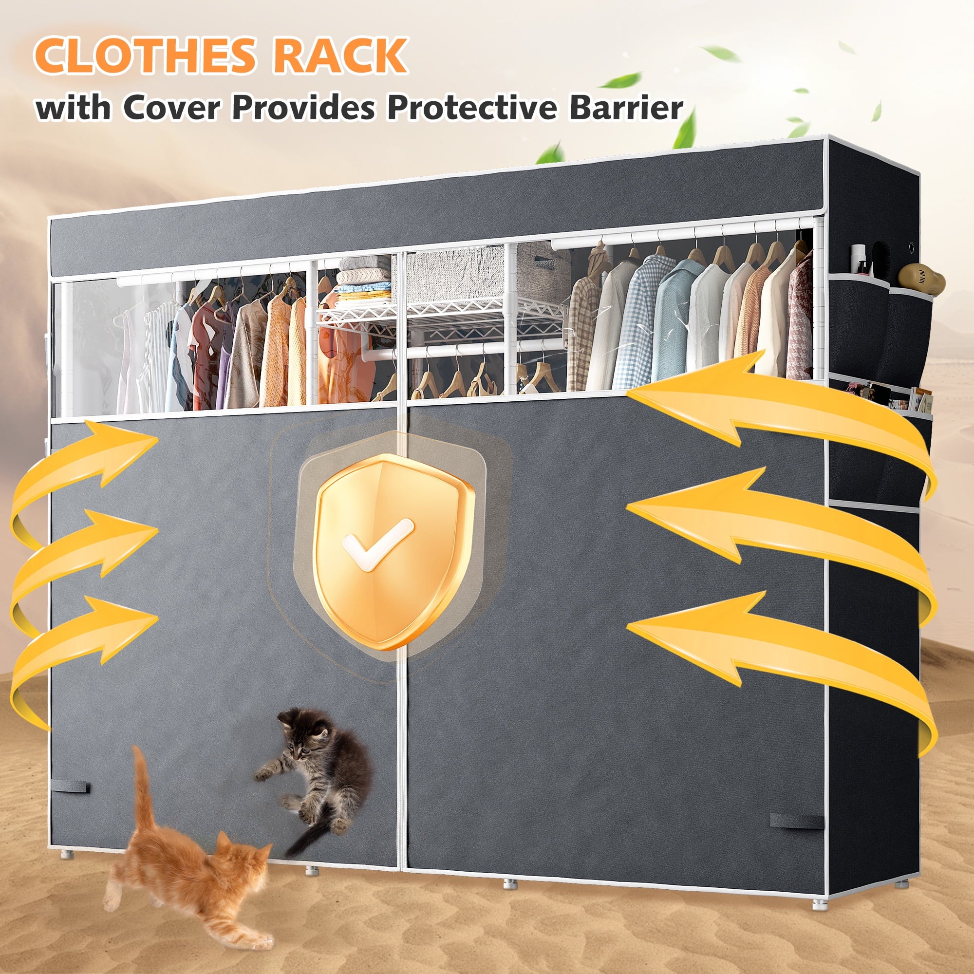 Heavy Duty Clothes Rack with Cover Loads 900LBS, Clothing Racks for Hanging Clothes, Freestanding&amp; Adjustable Closet with Cover, Black, 74.9" Wx17.8 Dx76.9 H