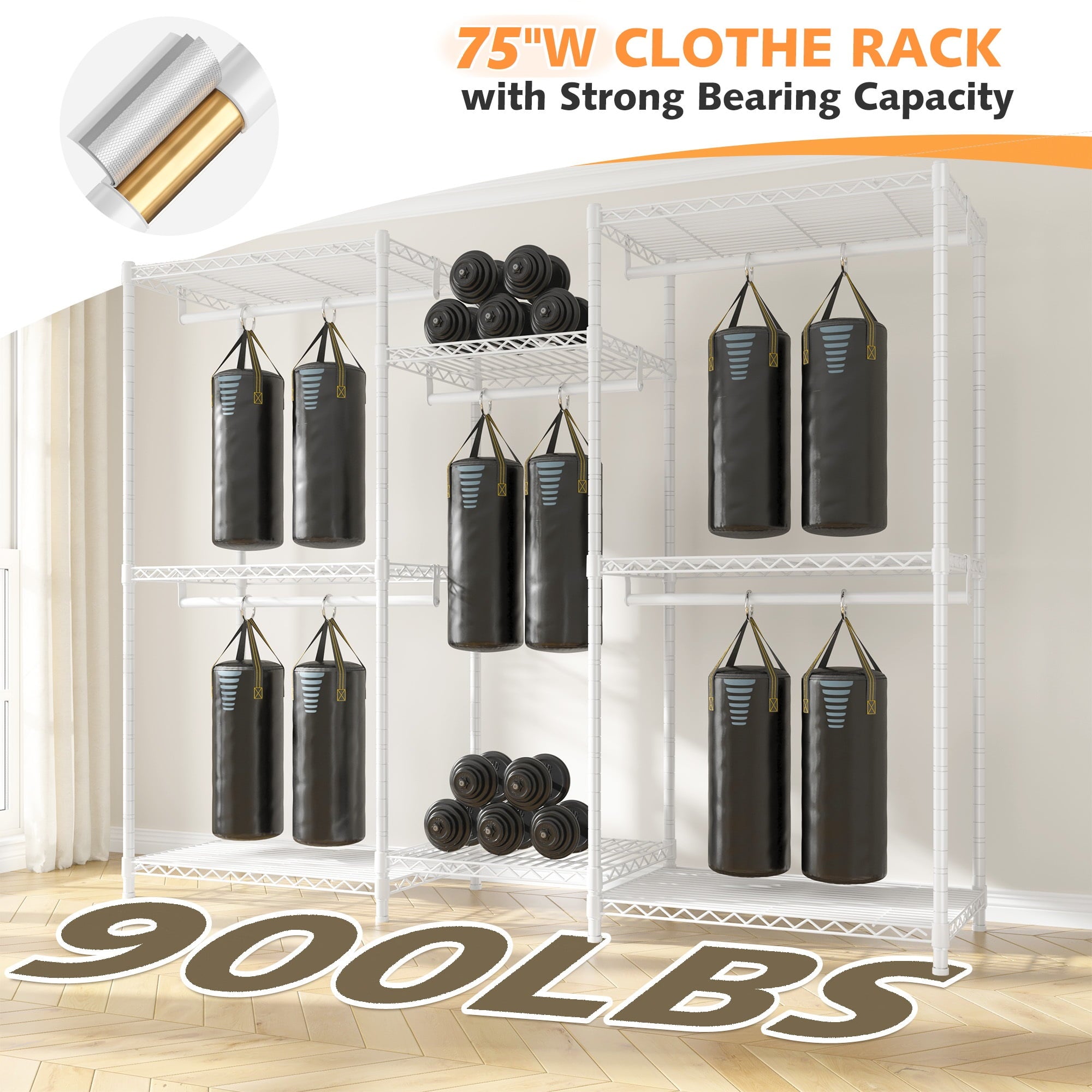 Heavy Duty Clothes Rack with Cover Loads 900LBS, Clothing Racks for Hanging Clothes, Freestanding&amp; Adjustable Closet with Cover, Black, 74.9" Wx17.8 Dx76.9 H