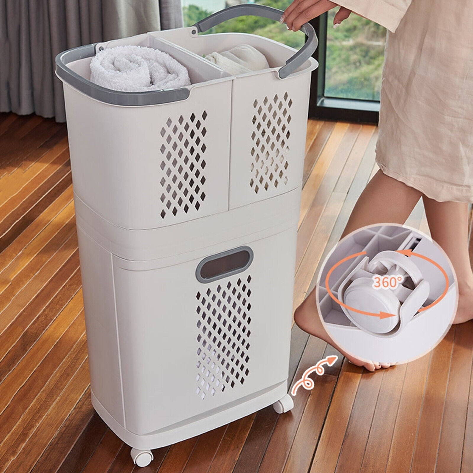Bathroom Laundry Basket Clothes Storage Basket Movable Household Kitchen Storage Shelf Fruit Stand Bathroom Organizer with Wheels Off-White