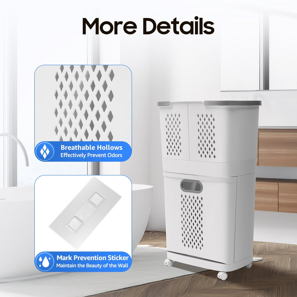 Bathroom Laundry Basket Clothes Storage Basket Movable Household Kitchen Storage Shelf Fruit Stand Bathroom Organizer with Wheels Off-White