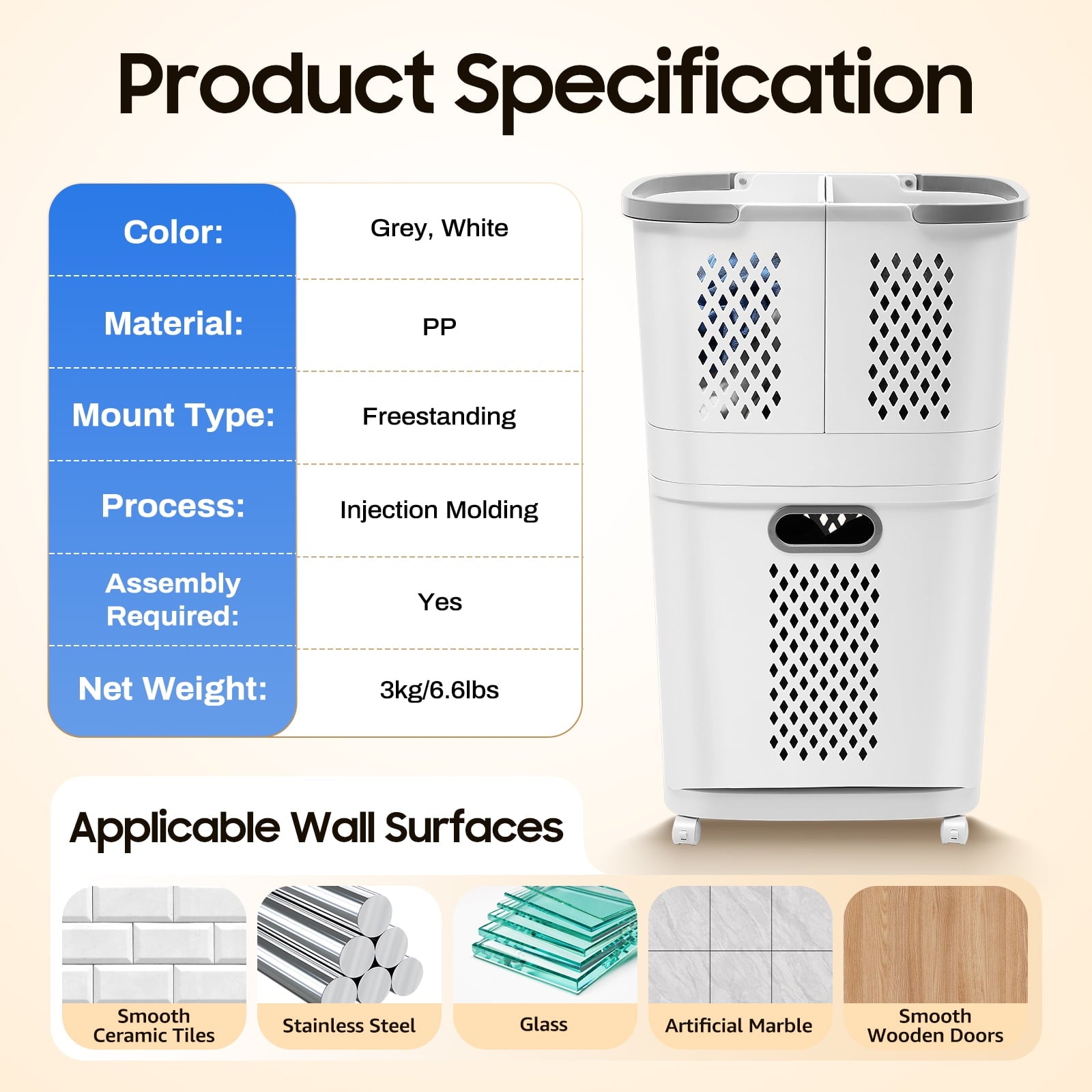 Bathroom Laundry Basket Clothes Storage Basket Movable Household Kitchen Storage Shelf Fruit Stand Bathroom Organizer with Wheels Off-White