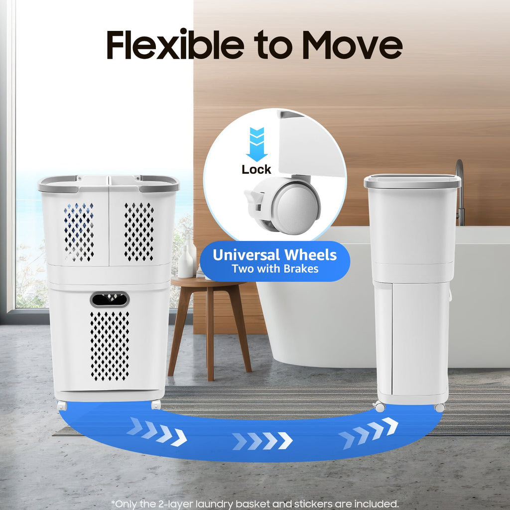 Bathroom Laundry Basket Clothes Storage Basket Movable Household Kitchen Storage Shelf Fruit Stand Bathroom Organizer with Wheels Off-White