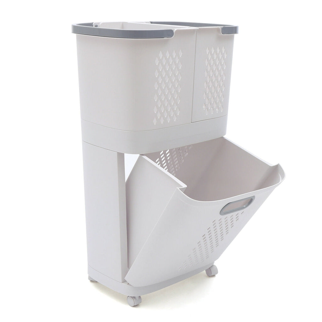 Bathroom Laundry Basket Clothes Storage Basket Movable Household Kitchen Storage Shelf Fruit Stand Bathroom Organizer with Wheels Off-White