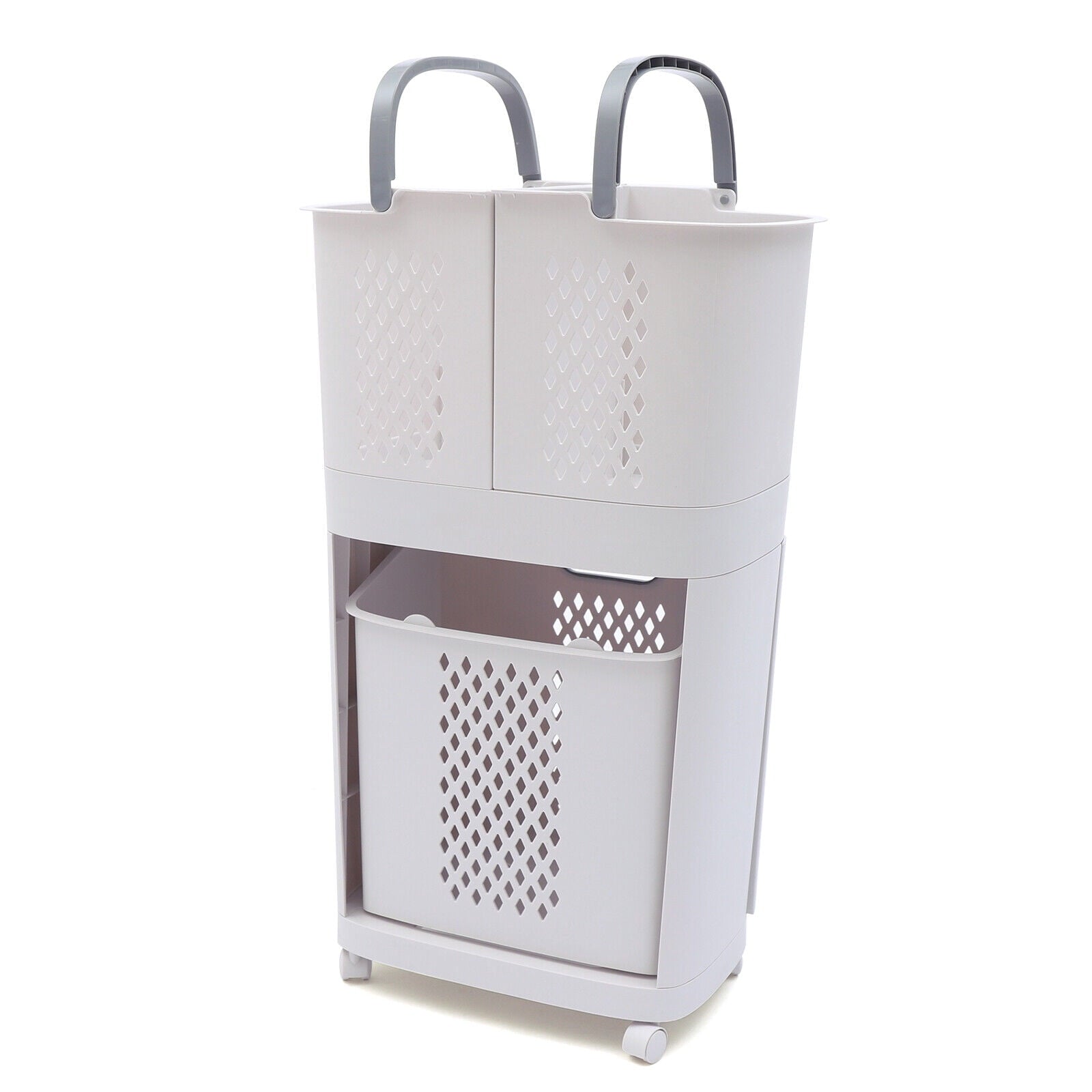 Bathroom Laundry Basket Clothes Storage Basket Movable Household Kitchen Storage Shelf Fruit Stand Bathroom Organizer with Wheels Off-White