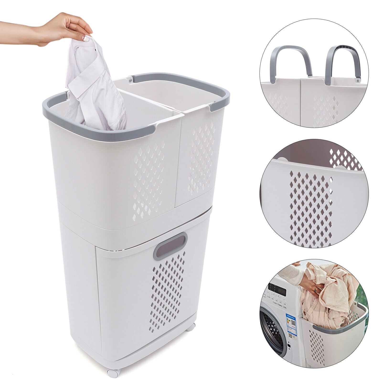 Bathroom Laundry Basket Clothes Storage Basket Movable Household Kitchen Storage Shelf Fruit Stand Bathroom Organizer with Wheels Off-White
