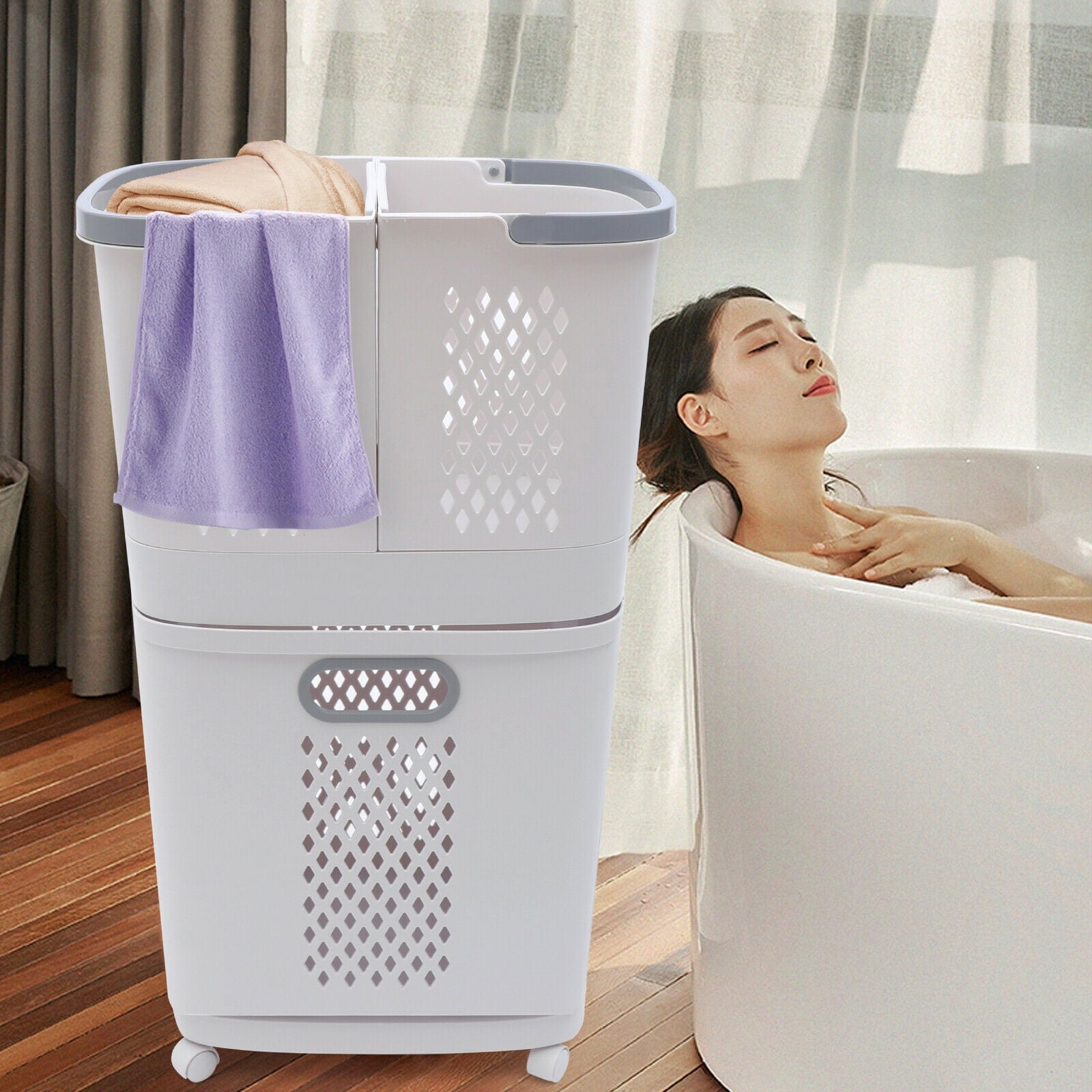 Bathroom Laundry Basket Clothes Storage Basket Movable Household Kitchen Storage Shelf Fruit Stand Bathroom Organizer with Wheels Off-White