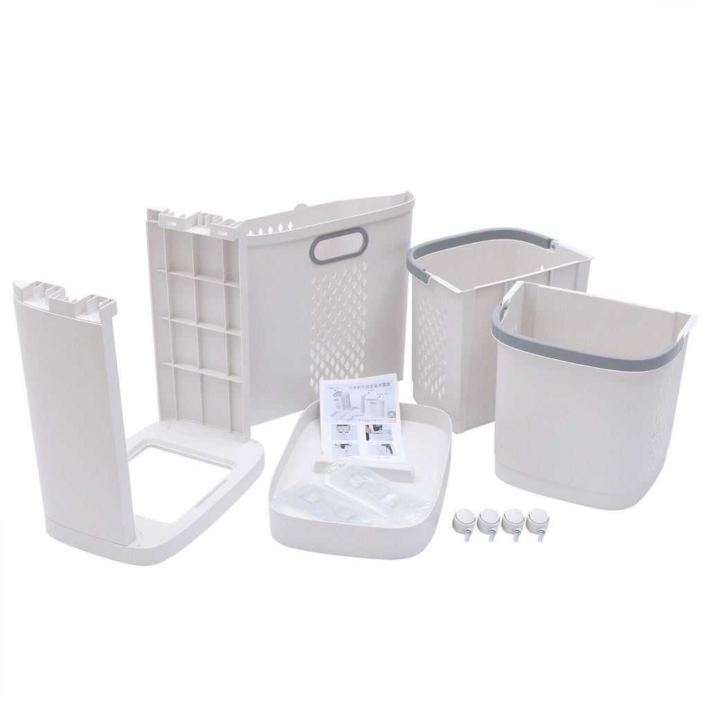Bathroom Laundry Basket Clothes Storage Basket Movable Household Kitchen Storage Shelf Fruit Stand Bathroom Organizer with Wheels Off-White