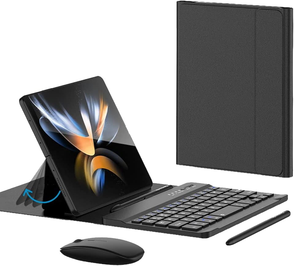for Samsung Galaxy Z Fold 7 6 5 4 3 Shockproof Case With Keyboard and Mouse, Portable Bluetooth Keyboard with Leather Case and Capacitive Pen, 4 in 1 Set for Z Fold7 6 5 4 3 Accessories,Black