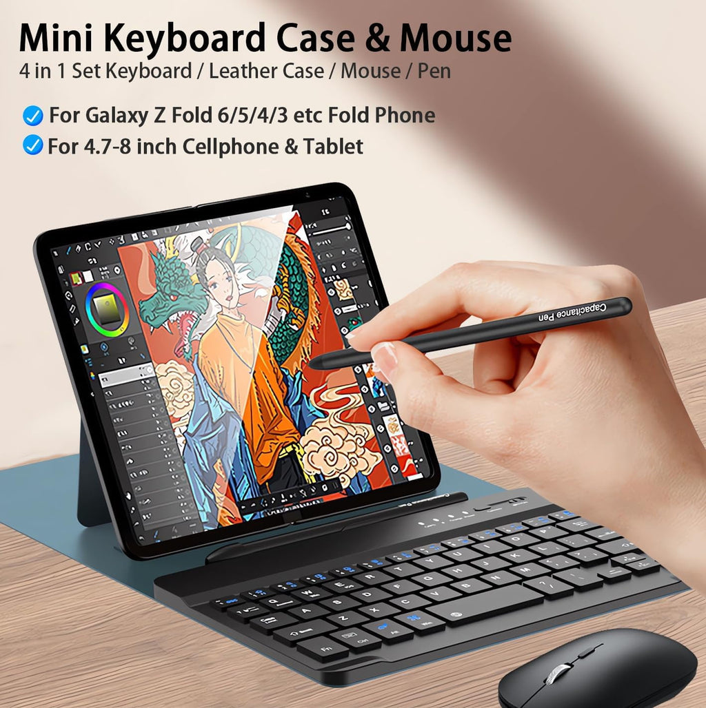 for Samsung Galaxy Z Fold 7 6 5 4 3 Shockproof Case With Keyboard and Mouse, Portable Bluetooth Keyboard with Leather Case and Capacitive Pen, 4 in 1 Set for Z Fold7 6 5 4 3 Accessories,Black