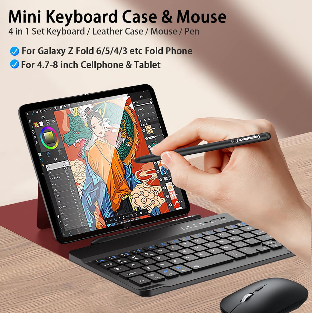 for Samsung Galaxy Z Fold 7 6 5 4 3 Shockproof Case With Keyboard and Mouse, Portable Bluetooth Keyboard with Leather Case and Capacitive Pen, 4 in 1 Set for Z Fold7 6 5 4 3 Accessories,Black