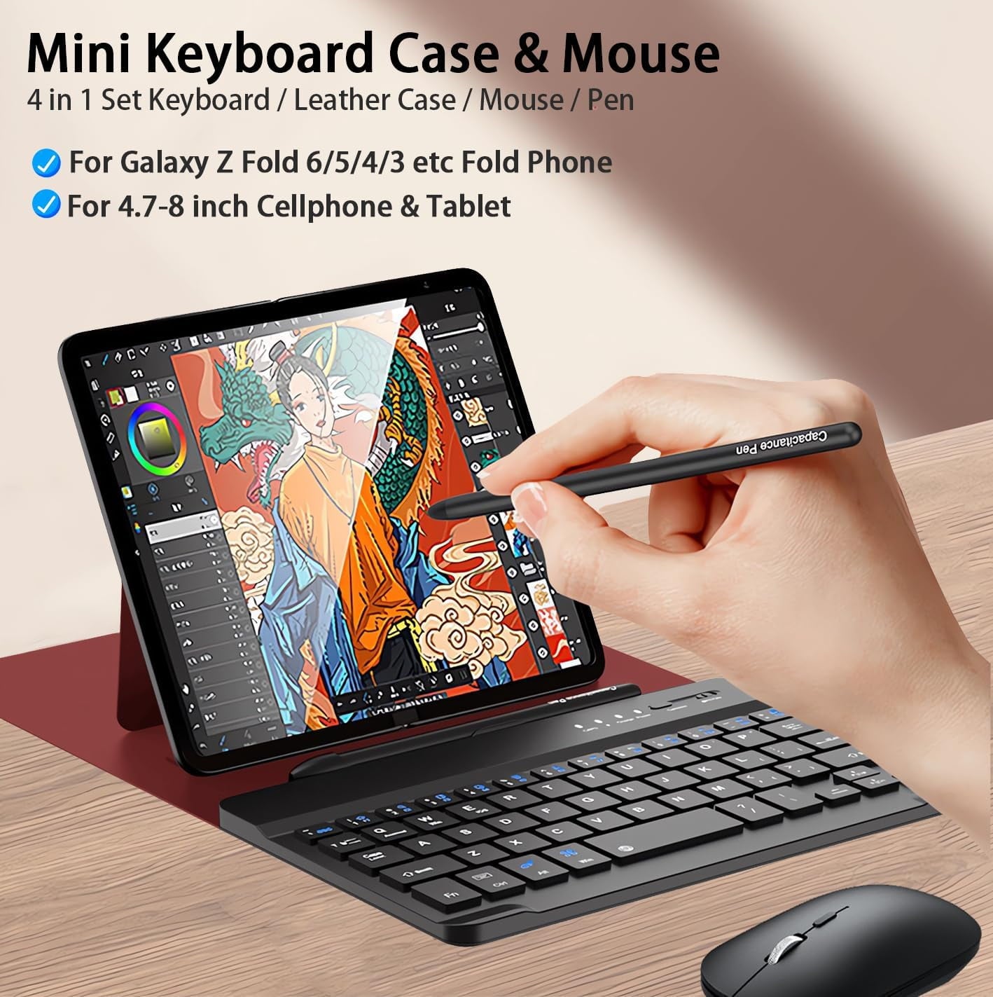 for Samsung Galaxy Z Fold 7 6 5 4 3 Shockproof Case With Keyboard and Mouse, Portable Bluetooth Keyboard with Leather Case and Capacitive Pen, 4 in 1 Set for Z Fold7 6 5 4 3 Accessories,Black