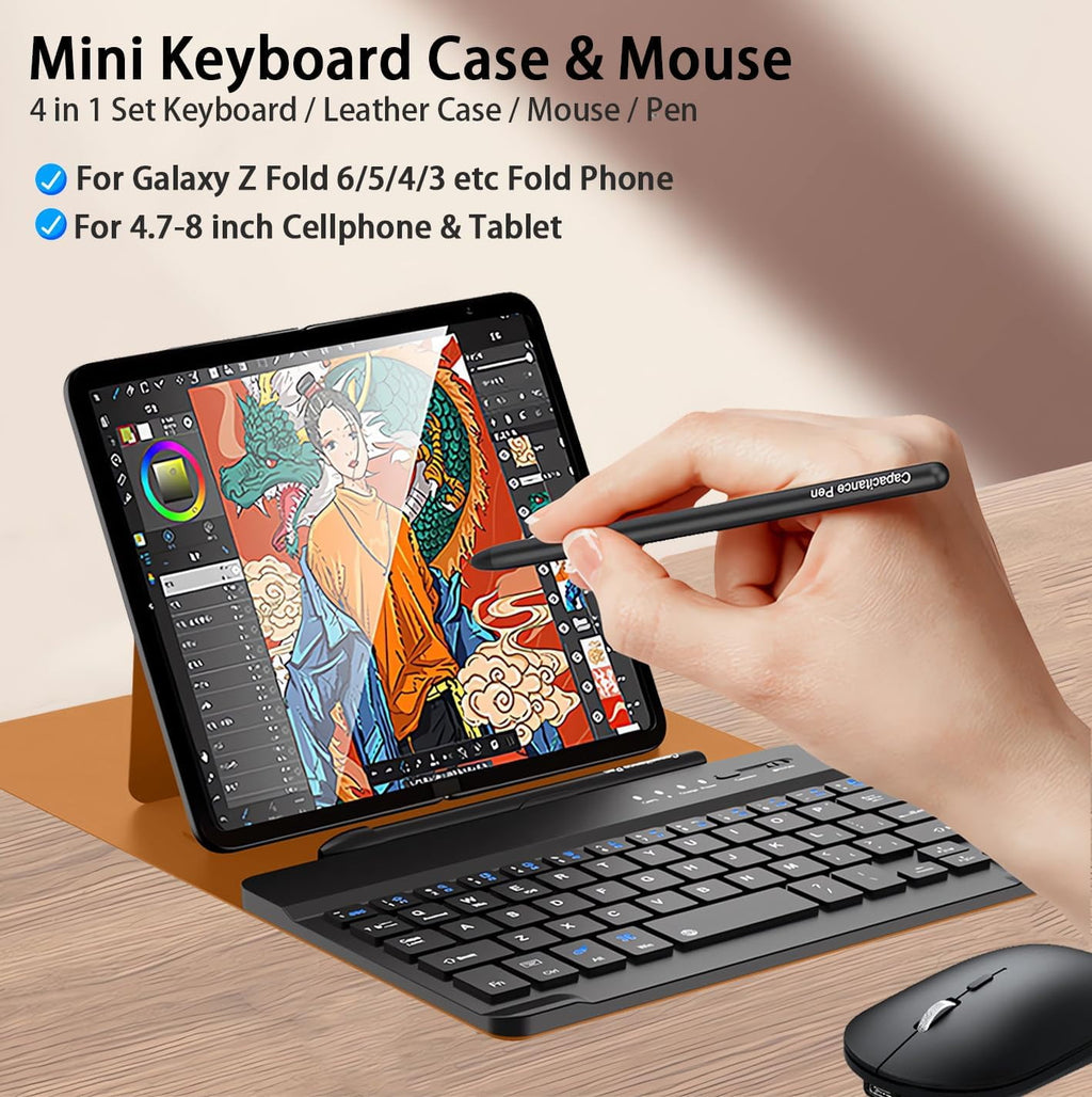 for Samsung Galaxy Z Fold 7 6 5 4 3 Shockproof Case With Keyboard and Mouse, Portable Bluetooth Keyboard with Leather Case and Capacitive Pen, 4 in 1 Set for Z Fold7 6 5 4 3 Accessories,Black