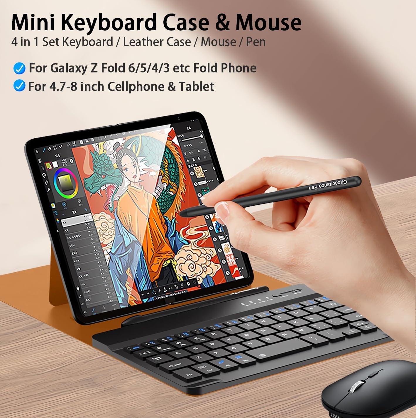 for Samsung Galaxy Z Fold 7 6 5 4 3 Shockproof Case With Keyboard and Mouse, Portable Bluetooth Keyboard with Leather Case and Capacitive Pen, 4 in 1 Set for Z Fold7 6 5 4 3 Accessories,Black