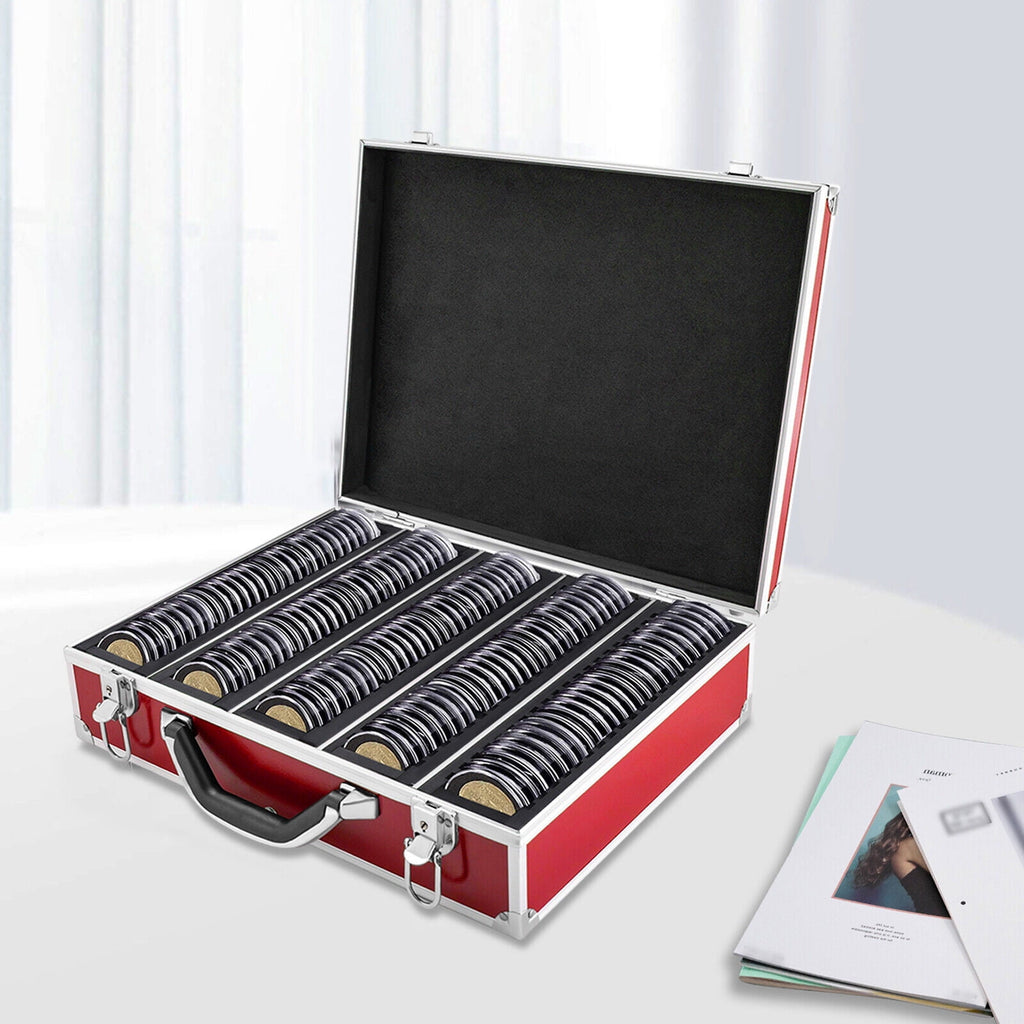 Aluminum Alloy Coin Storage &amp; Display Box Holds 100 Coins Holders Slabs Red Case