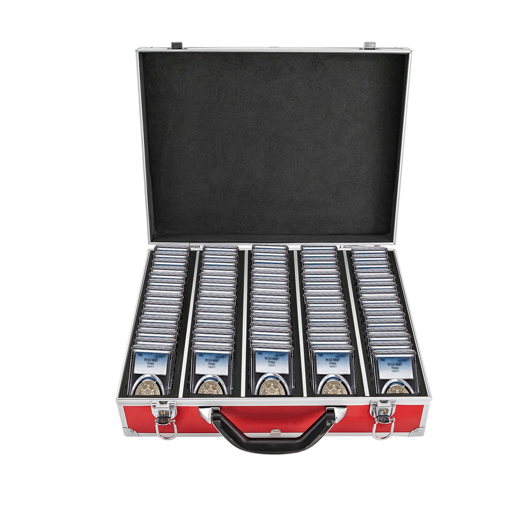 Aluminum Alloy Coin Storage &amp; Display Box Holds 100 Coins Holders Slabs Red Case