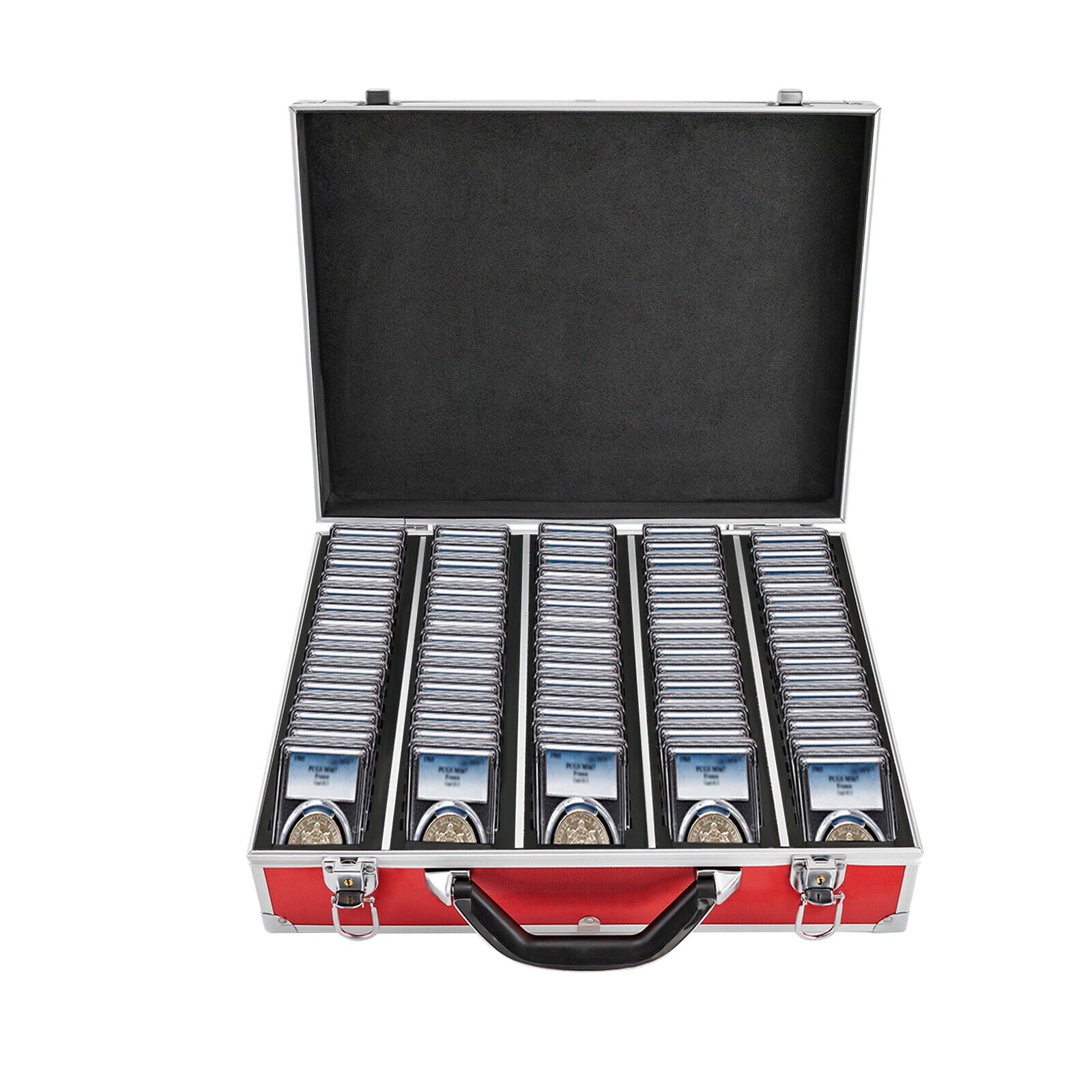 Aluminum Alloy Coin Storage &amp; Display Box Holds 100 Coins Holders Slabs Red Case