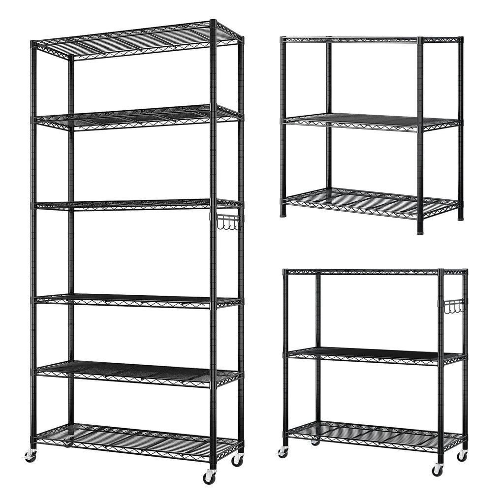 6-Tier Heavy-Duty Adjustable Storage Shelf with Wheels &amp; Leveling Feet, 200lbs/Layer Capacity, Black Iron Frame, 35.4"x15.7"x72.8" for Home/Commercial Use