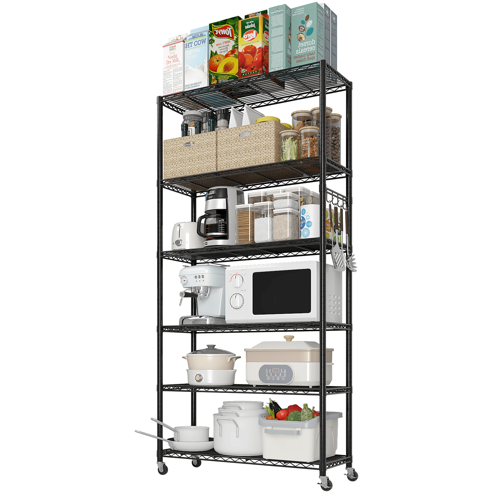 6-Tier Heavy-Duty Adjustable Storage Shelf with Wheels &amp; Leveling Feet, 200lbs/Layer Capacity, Black Iron Frame, 35.4"x15.7"x72.8" for Home/Commercial Use