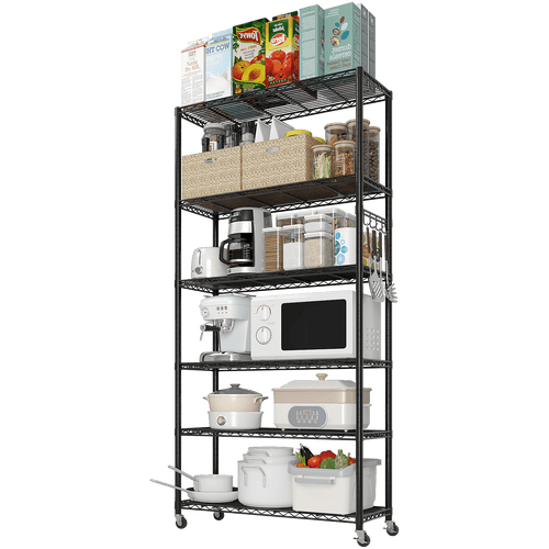 6-Tier Heavy-Duty Adjustable Storage Shelf with Wheels &amp; Leveling Feet, 200lbs/Layer Capacity, Black Iron Frame, 35.4"x15.7"x72.8" for Home/Commercial Use