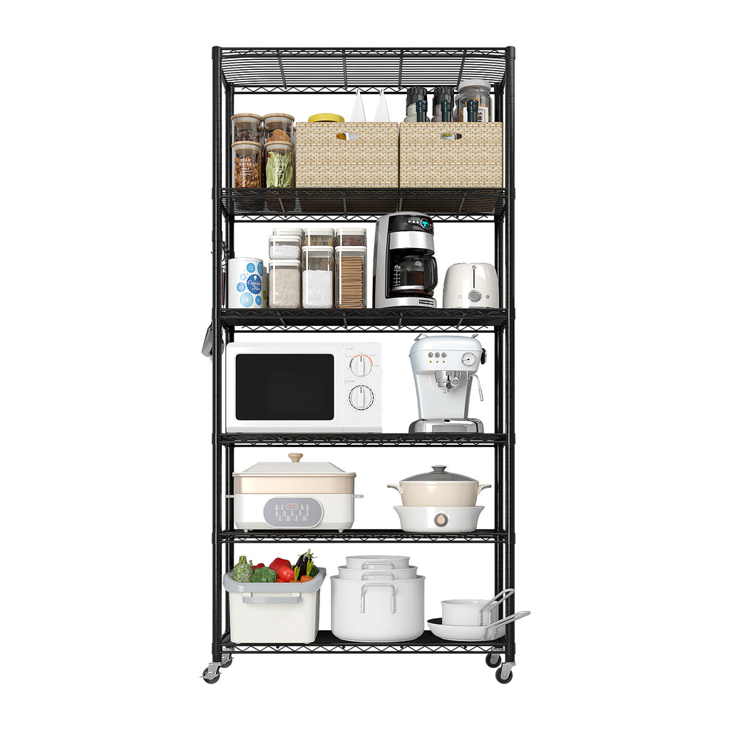 6-Tier Heavy-Duty Adjustable Storage Shelf with Wheels &amp; Leveling Feet, 200lbs/Layer Capacity, Black Iron Frame, 35.4"x15.7"x72.8" for Home/Commercial Use