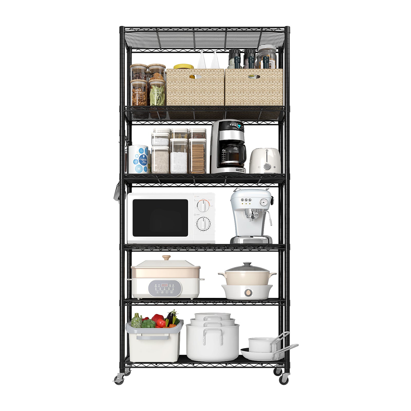 6-Tier Heavy-Duty Adjustable Storage Shelf with Wheels &amp; Leveling Feet, 200lbs/Layer Capacity, Black Iron Frame, 35.4"x15.7"x72.8" for Home/Commercial Use
