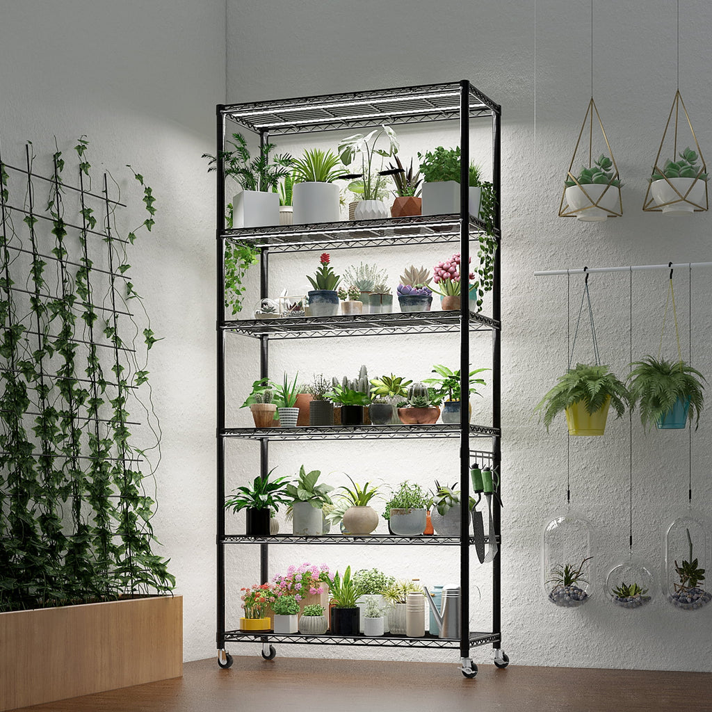 6-Tier Heavy-Duty Adjustable Storage Shelf with Wheels &amp; Leveling Feet, 200lbs/Layer Capacity, Black Iron Frame, 35.4"x15.7"x72.8" for Home/Commercial Use
