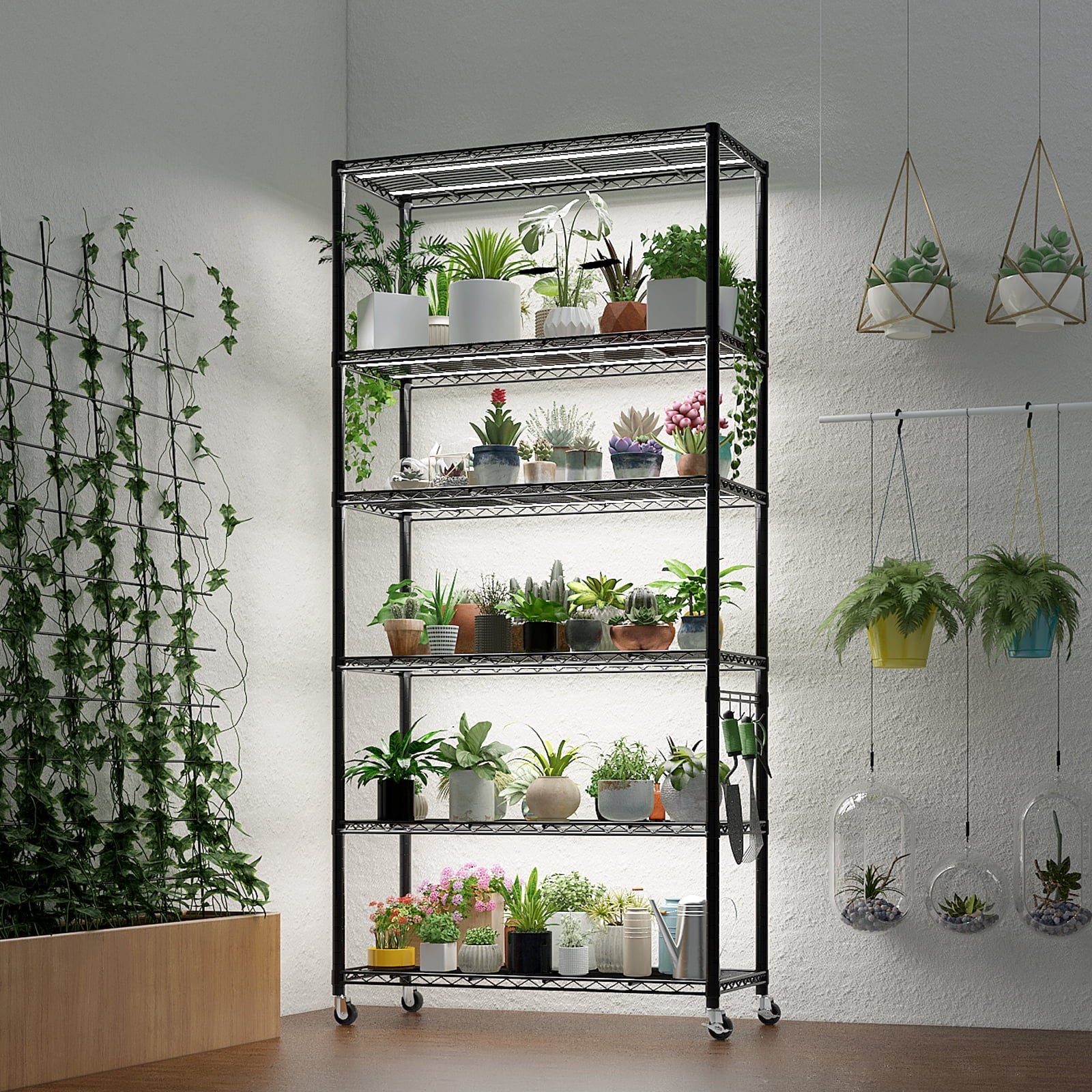 6-Tier Heavy-Duty Adjustable Storage Shelf with Wheels &amp; Leveling Feet, 200lbs/Layer Capacity, Black Iron Frame, 35.4"x15.7"x72.8" for Home/Commercial Use
